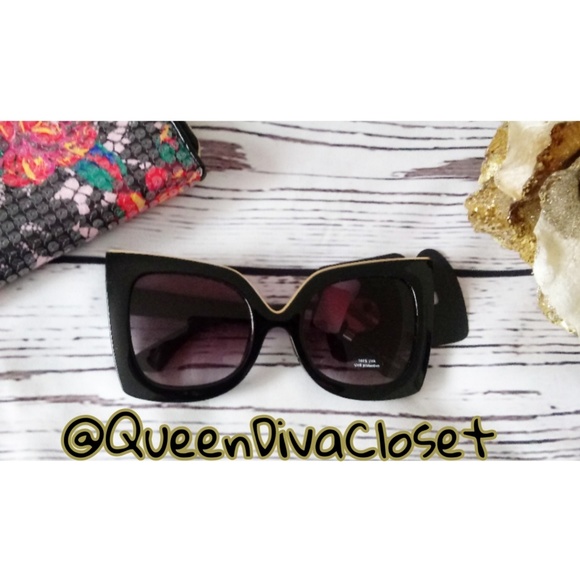 Accessories - Black gold trim oversized cateye sunglasses shades